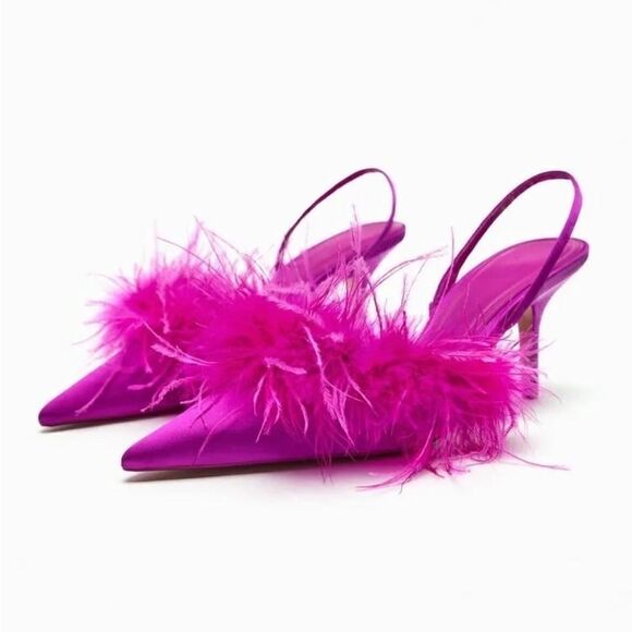 ZARA FEATHERED FABRIC HEELS FUCHSIA - Picture 1 of 4